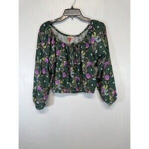 Marine Layer Women’s Crop Top Tropical Floral Green Pink Long Sleeve Cotton Sz S